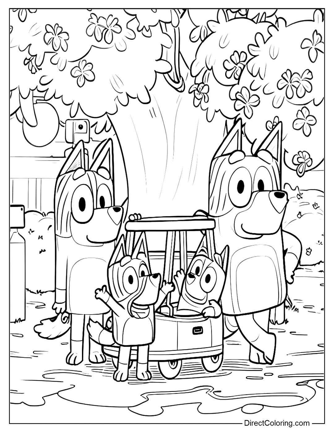 Bluey Family Under a Tree Coloring Page
